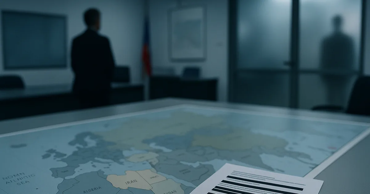 A wide-shot political map with a blurred figure in the background, representing verification uncertainty