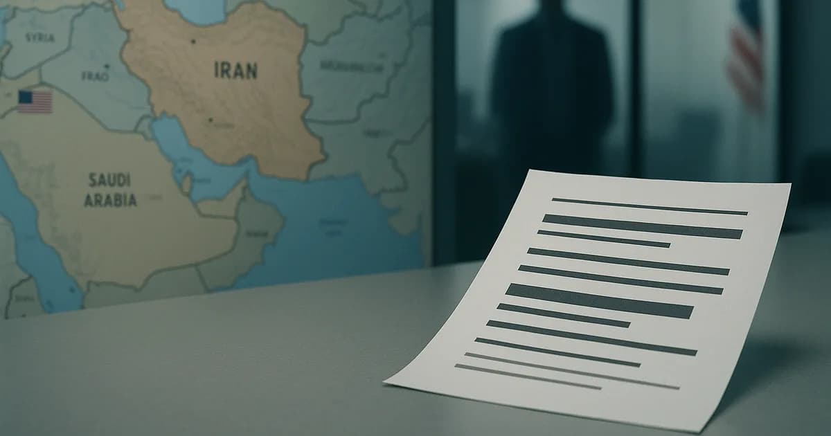 A wide-shot political map of Iran and the eastern Mediterranean with redacted briefing papers, representing escalation risk