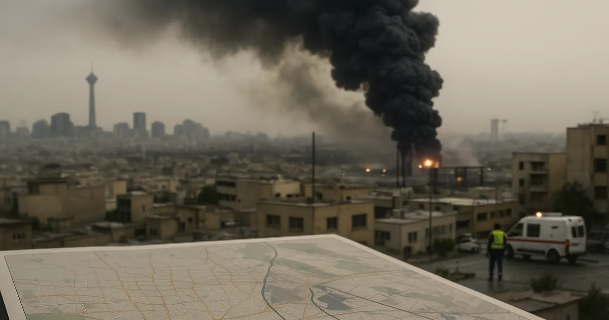 An urban smoke plume over fuel infrastructure, representing long-tail public health and ecological damage